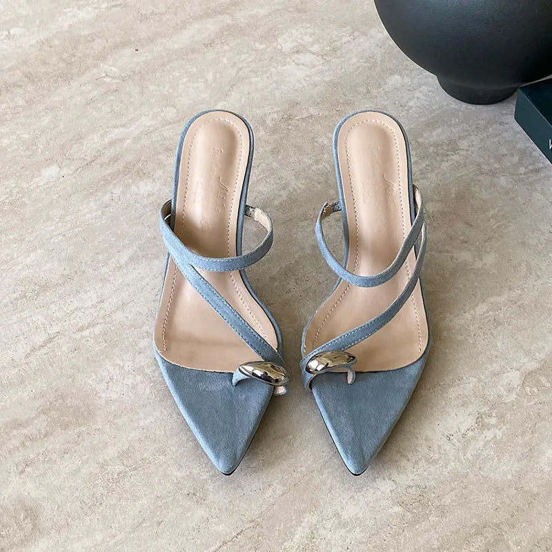 Pointed Toe High Heels Pumps Slides Shoes Slip Metal Thin Heels Shoes Flip flops