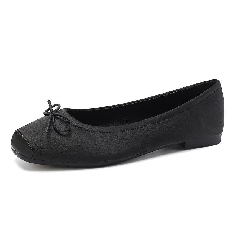 Deliate Bowtie Silk Ballerinas Woman Traf Pig Square Toe Flats Shallow Slip On Moccasins Femme Brides Wedding Shoes Pink Ballets