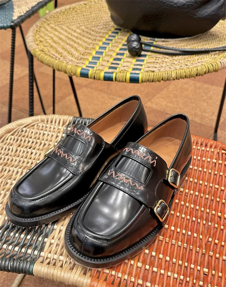 Niche British Style Embroidered Letter Small Leather Shoes Metal Buckle Loafers Shoes