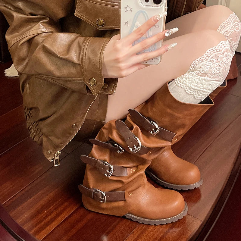 Knee-high Boots Shoes Woman Knight Boots Woman Buckle Chelsea Long Botas Pu Leather Motorcycle Shoes