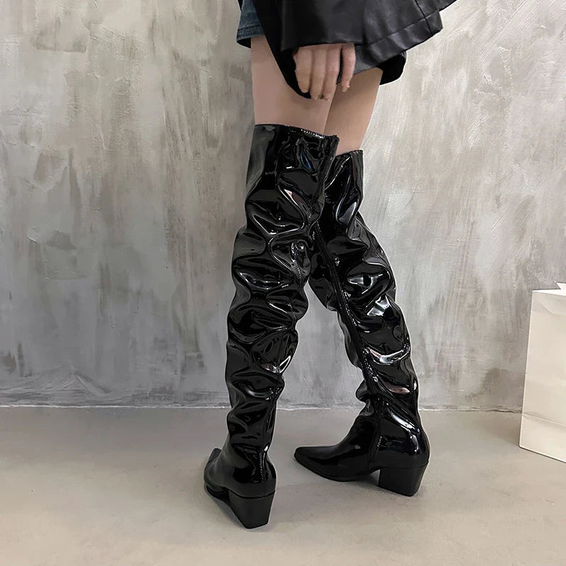 Vintage Pleated Over The Knee High Boots Slip On Long Booties Thick Heel Shoes