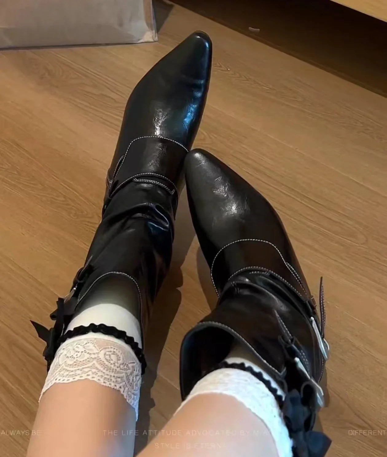 Round Toe Square Heel Elegant Mid-calf Boots Pin Buckle Decoration Solid Color Simple