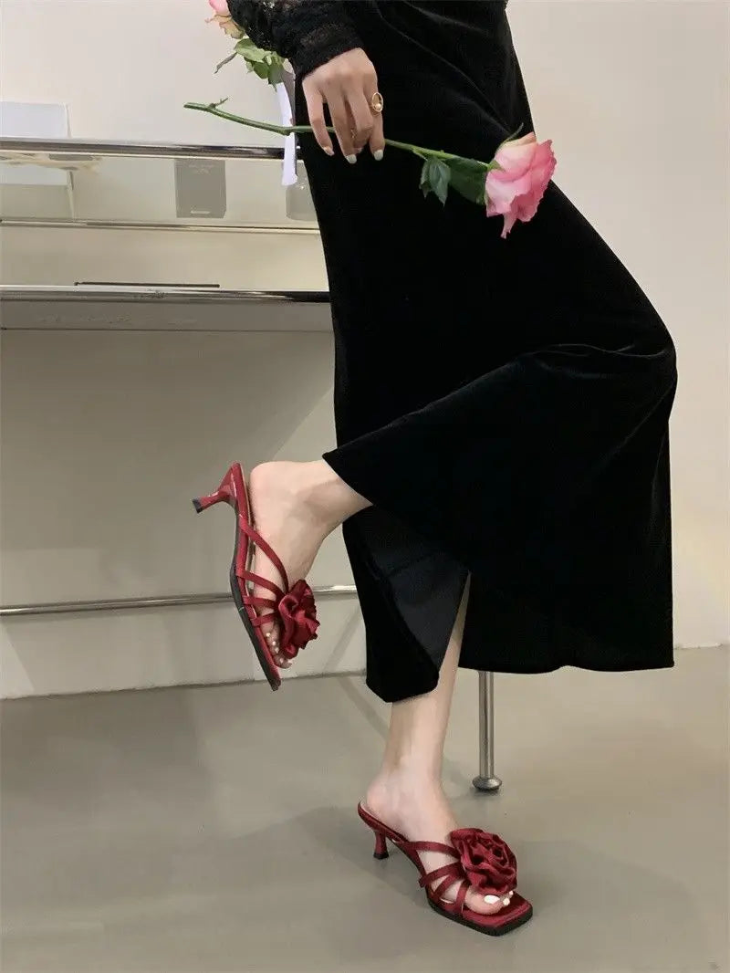 Red Rose Handmade Flower Sandal Heels Wedding Shoes Bride Shoes Design Pumps