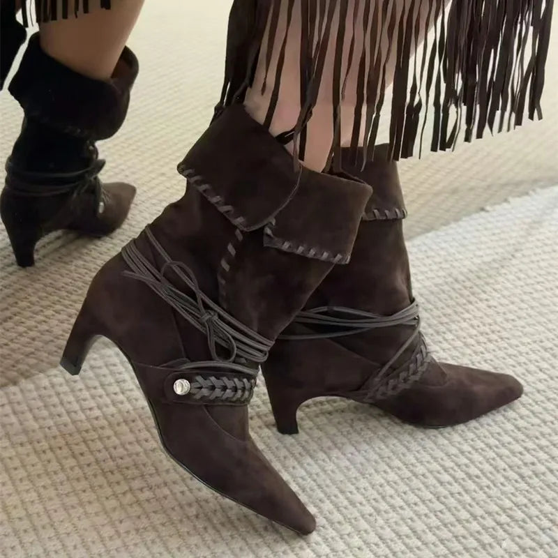 Faux Suede Weave Lace-up Motorcycle Boots High heels Chelsea Western Mid-Calf Short Booties Shoes