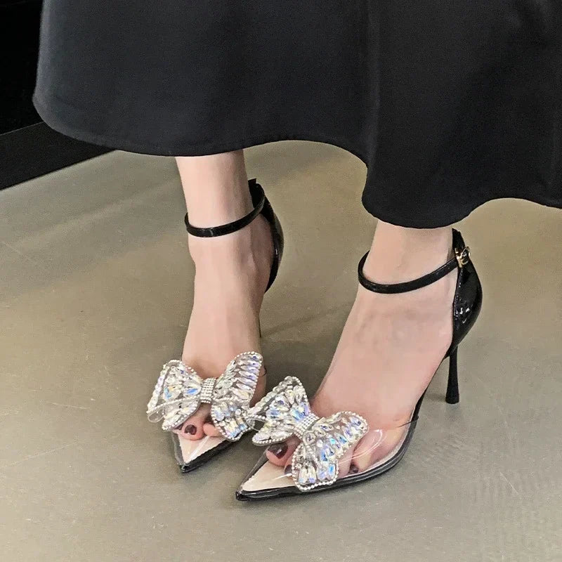 Rhinestone Bow Pvc Transparent High Heels Hollow Party Pointed Toe Heeled Sandals