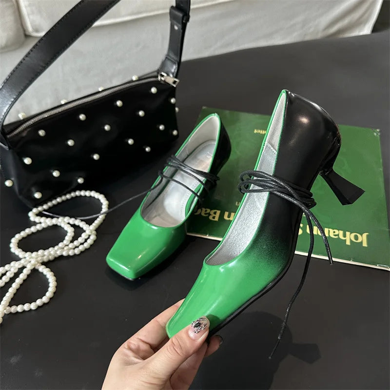 Square-toed Mary Jane Shoes Mixed Colors Slingback Shoes Retro Ankle Straps High Heels Mary Jane