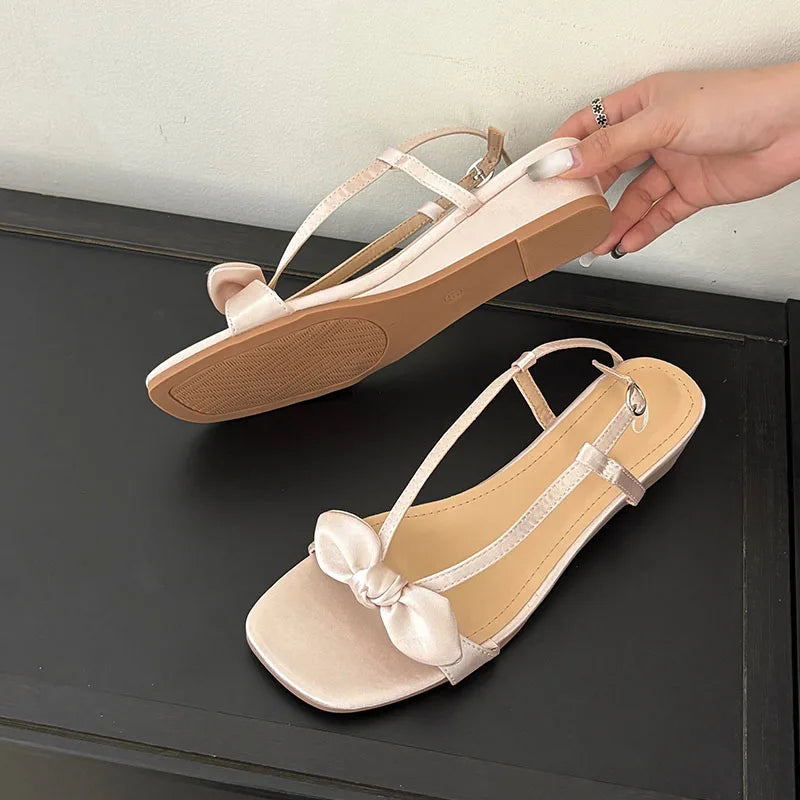 Elegant Low Heel Sandals Wedges Shoes Buckle Footwear Butterfly-Knot Heeled Sandals