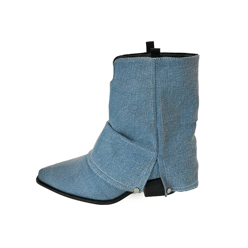 Western Cowboy Boots Vintage Pointed Toe Shoes Thick Heel Short Botas Zapatos De Mujer