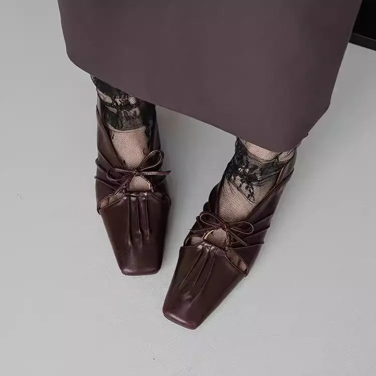 Pleated Hollow Mary Jane Style Shoes with Bow Design Flat Shoes Square Toe Casual Comfortable Outdoors Shoes Fashion
