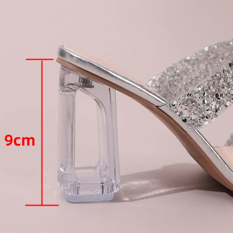 Double Band Glitter High Heels Sandals Gold Silver Party Woman Open Toe Crystal Heel Sandalias