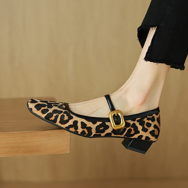 Toe Chunky Heel Shoes Horsehair Leopard Shoes