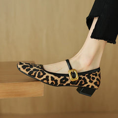 Toe Chunky Heel Shoes Horsehair Leopard Shoes