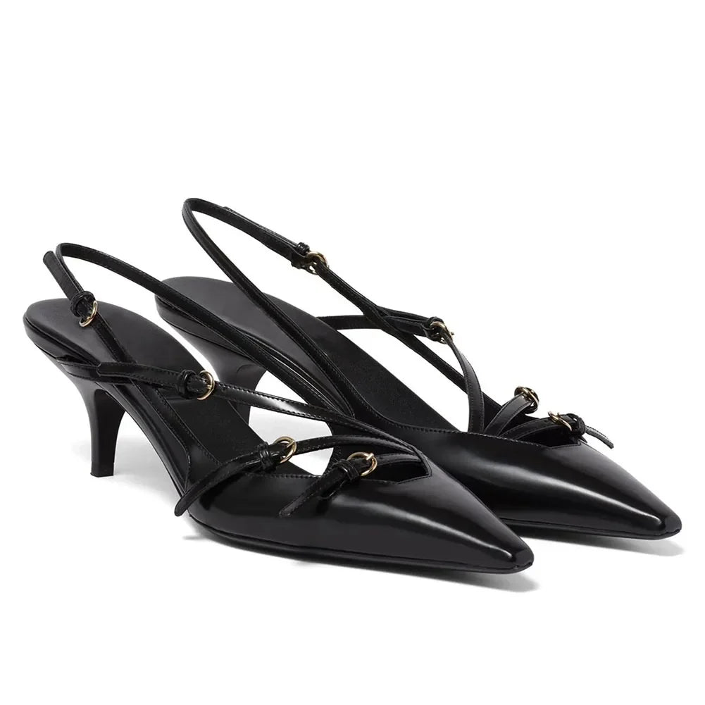 Brand Design Med Heels Pumps Pointed Toe Buckle Party Trend Slip-on Mules Pumps Slingback Stiletto Shoes
