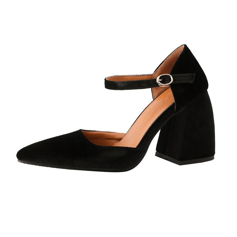 Elegant Velvet High Heels Shoes Ankle Straps Black Green Heeled Pointy Party Shoe Dress Pumps 45
