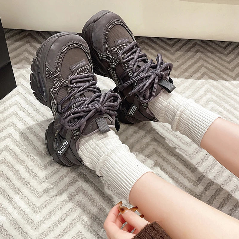 Crystal Chunky Sneakers Comfortable Lace Up Platform Dad Shoes Woman Breathable Mesh Running Sneakers