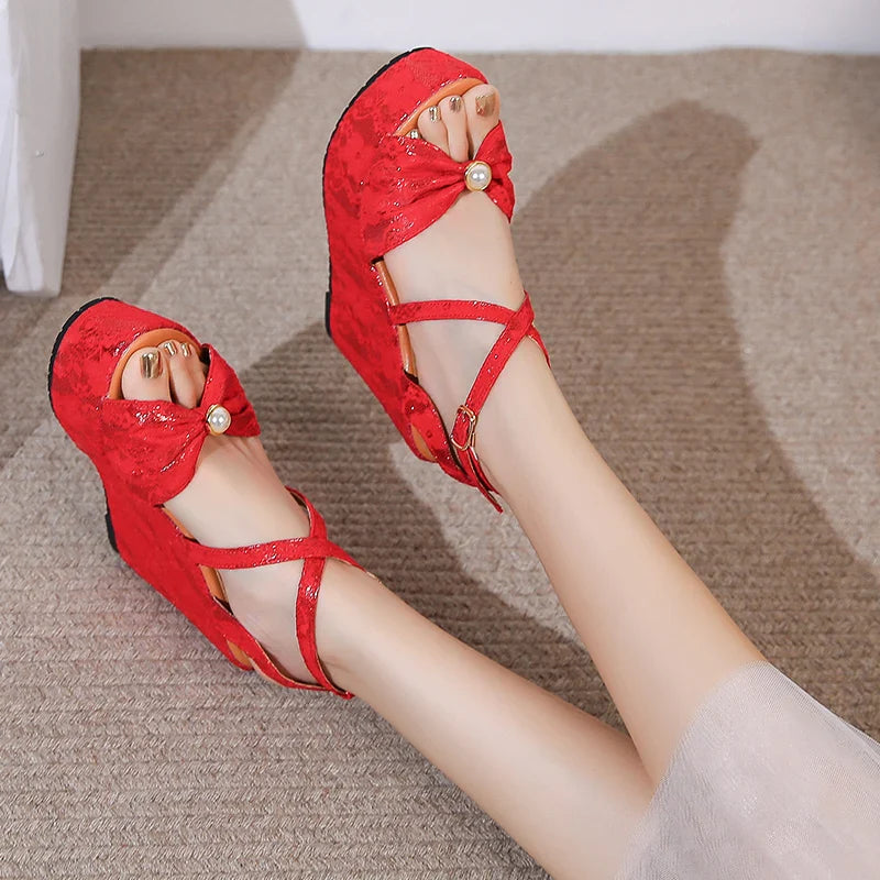 Red High Heel Wedge Shoes Platform Open Toe Heel