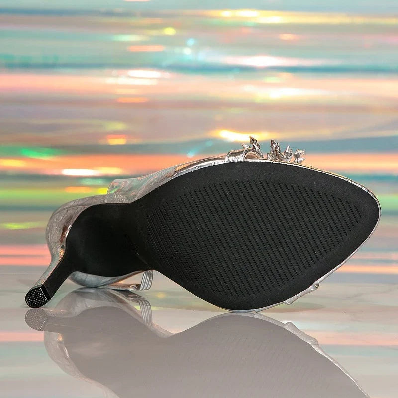 Silver Rhinestone Brand Sandals Flower Narrow Band High Heeled Sandals Elegant Banquet