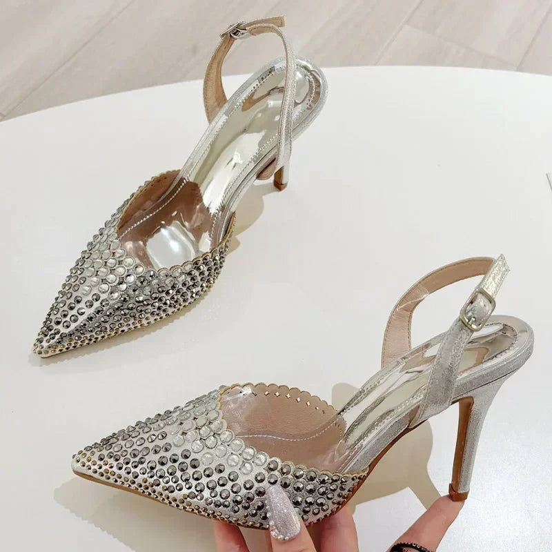 Rhinestones Pointed Toe Thin High Heels Hollow Buckle Brand Sandals Banquet Party Shoes