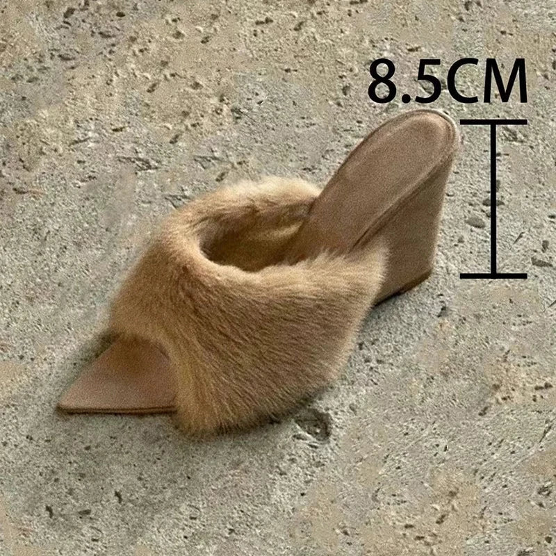 Plush Slippers French Pointed Open-toed Fluffy Slippers Home Outdoors Wedge Shoes Heels Highquality