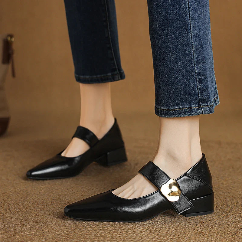 French thick-heeled magic sticker shallow shoes pointed and versatile non-slip small leather shoes