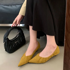 Brand Shoes Pleated Pointed Toe Shallow Slip On Boat Shoes Thin Low Heel Single Shoes