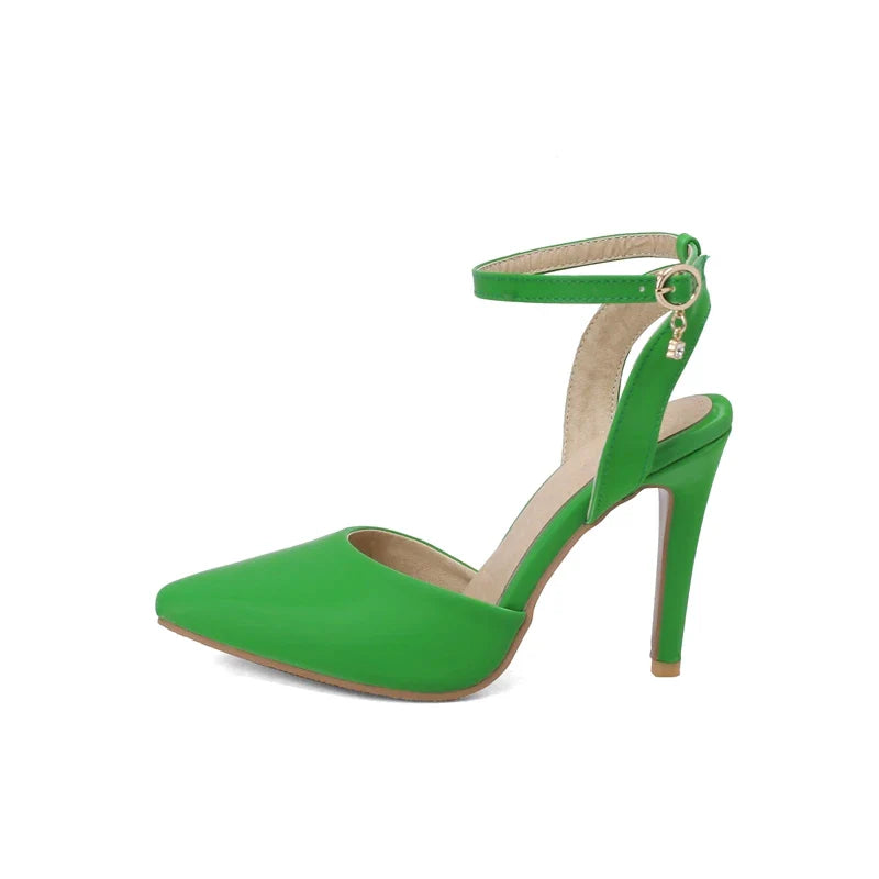 Pu Leather Ankle Strap Buckle Stiletto Pumps Slingback Pointed Toe High Heels Sandals Shoes Large Size 33-50