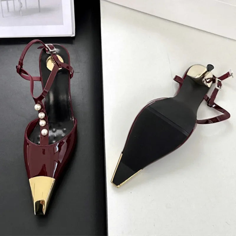 Metal Pointed Toe Stiletto Sandal Pearls Strap Buckle High Heels Party Prom Shoes