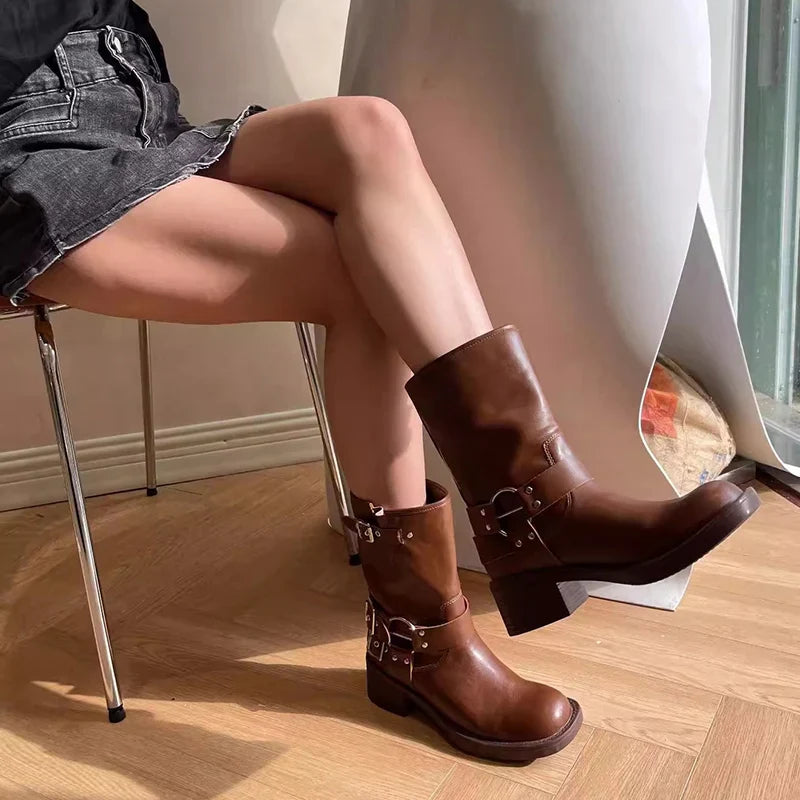 Ankle Boots Thick High Heels Knight Boots Leather Western Boots Shoes Cowboy Boots botas de mujer