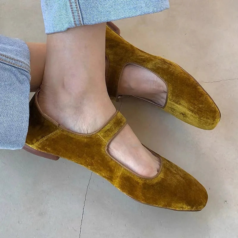 Velvet Mary Janes Belt Strap Shoes Square Toe Flats Ballerina Dress Barefoot Loafers Brides Ballets Femmes