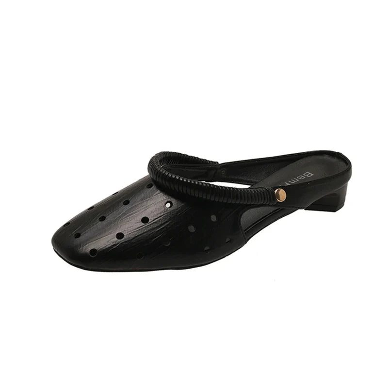 Hollow Sandals Heels Slippers Beach Mules Shoes Trend Chunky Leather Shoes Casual Flip Flops Mujer Slides