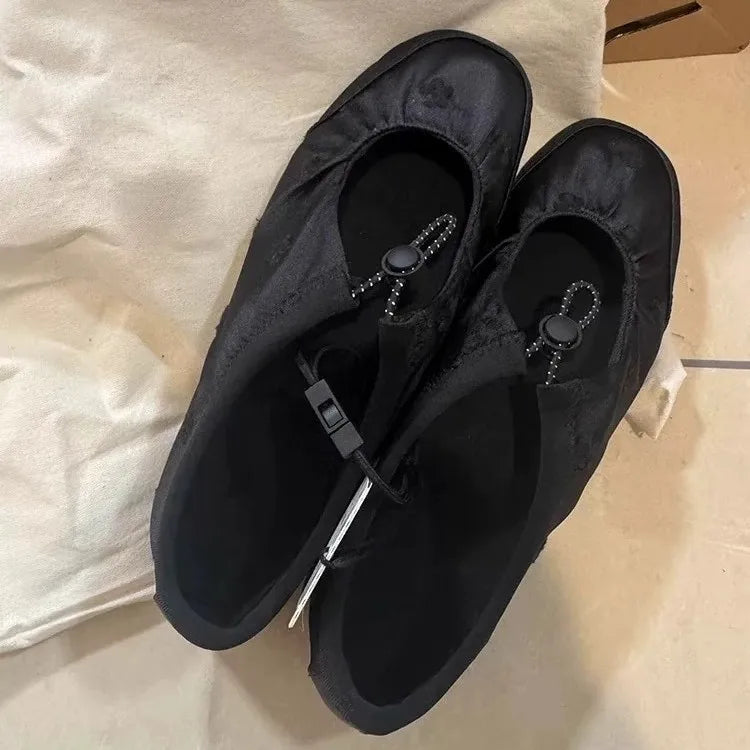 Satin Elastic Band Mary Jane Shoes Genuine Leather Shallow Mouth Flat Shoes Casual Outdoor Comfortable Ballet Shoes