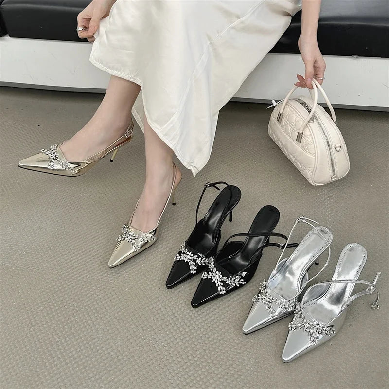 Design CRYSTAL Rhinestone Buckle Strap Banquet Thin High Heels Prom Sandals Mule Shoes Zapatos De Mujer