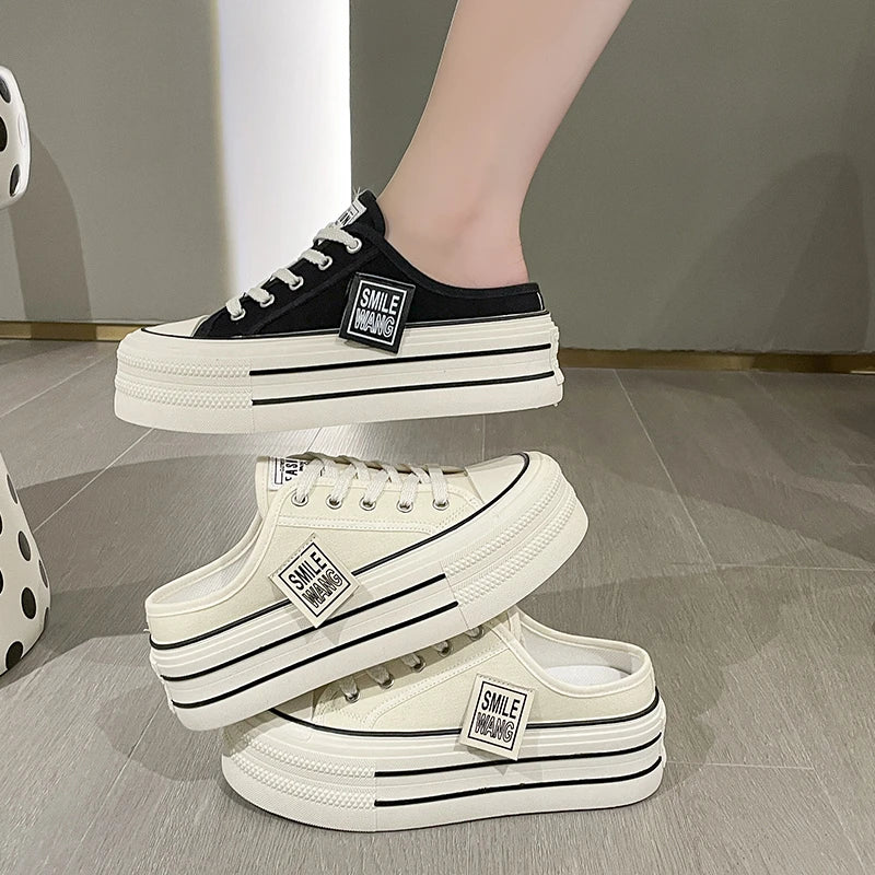 Canvas Platform Wedge Thick Slippers Lace Up Chunky Sneaker Casual Comfy High Brand Breathable Heightening Shoes