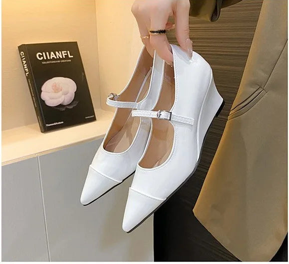Shoes Silver Pointed Toe High Heels Wedge Heel Pumps Buckled Mary Janes Formal Shoes T Stage Catwalk Shoes