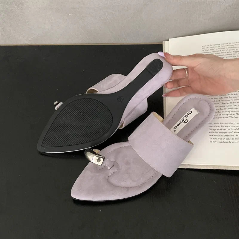 Metal Wedges Slippers Slides Sandals Flip flops Pointed Toe Heeled Slippers Wedges Shoes