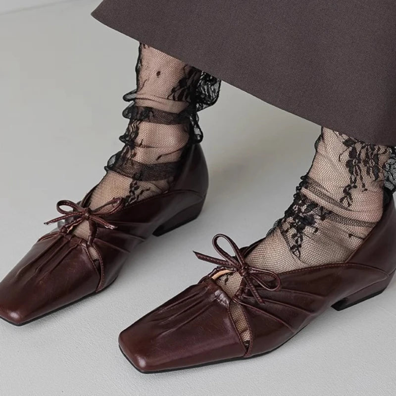 Pleated Hollow Mary Jane Style Shoes with Bow Design Flat Shoes Square Toe Casual Comfortable Outdoors Shoes Fashion