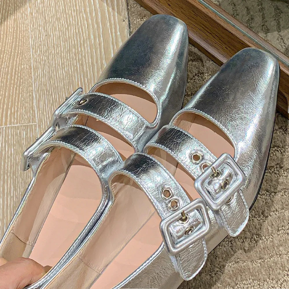 genuine leather double metal buckle slip-on mary jane flats sqaure toe casual soft comfortable ballerinas shoes
