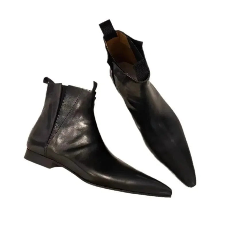 Retro Short Boots Autumn/Genuine Leather Pointed Chelsea Bootss Flat Bare shoes