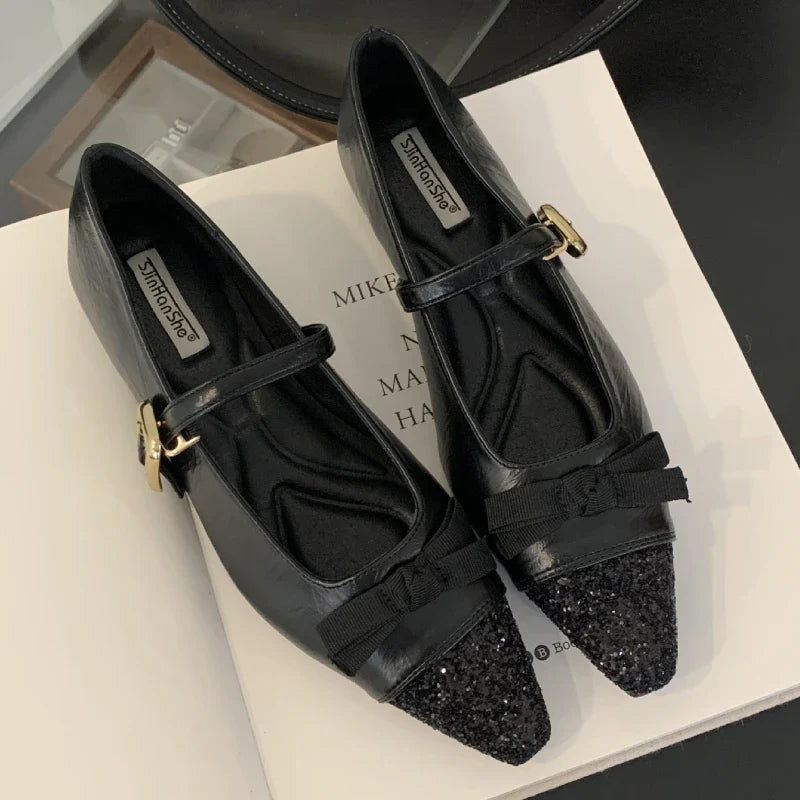 Bling Butterfly-knot Mary Jane Shoes Elegant Flat Shoes Shallow Comfort Increased Internal Brand