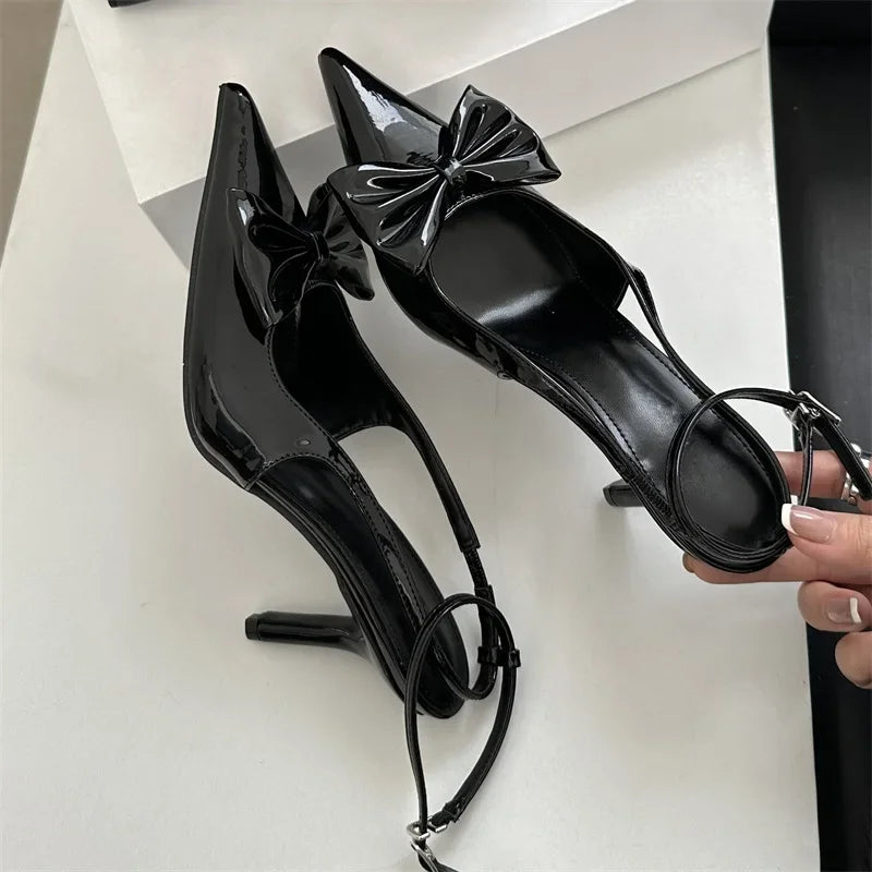Design Butterfly-knot Woman Pumps Sandals Slingbacks Pointed Toe Ankle Buckle Strap Thin Low Heels Mules Shoes