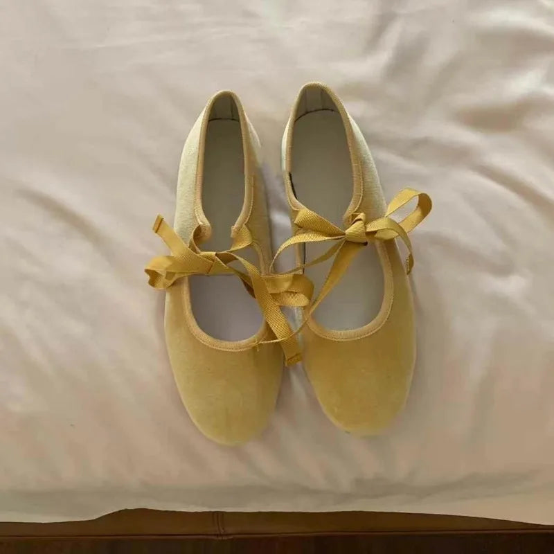 Bow Bandage Velvet Flats Shoes Elegant Round Toe Shallow Ballet Shoes Casual Streetwear Mary Janes
