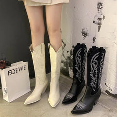 Western Cowboy Boots Pointed Toe High Heel Shoes Embroidery Chelsea Boots Zapatos Mujer