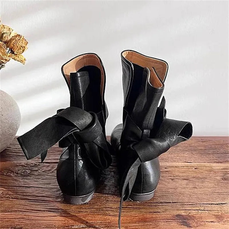 Soft Leather Lace-up Ankle Boots Comfortable Flats Short Booties Bowknot Chelsea Boots Shoes Botas