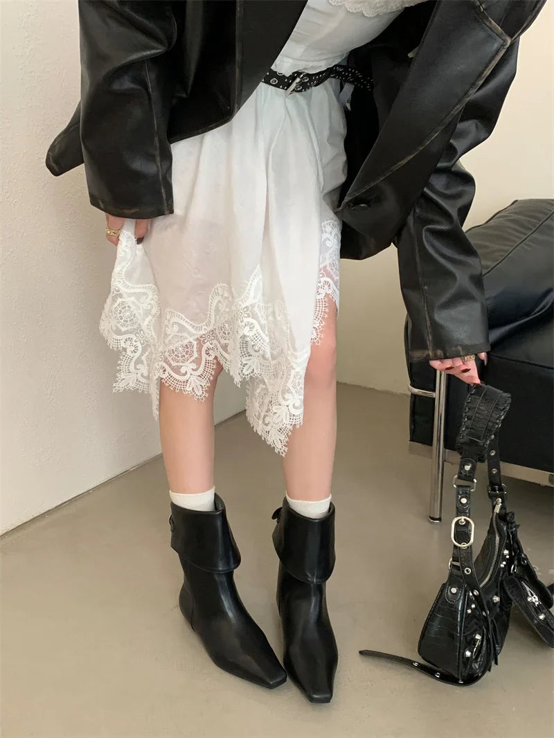 Black Boots Round Toe Chunky Heels Fall Shoes Belt Buckle Cowboy Boots