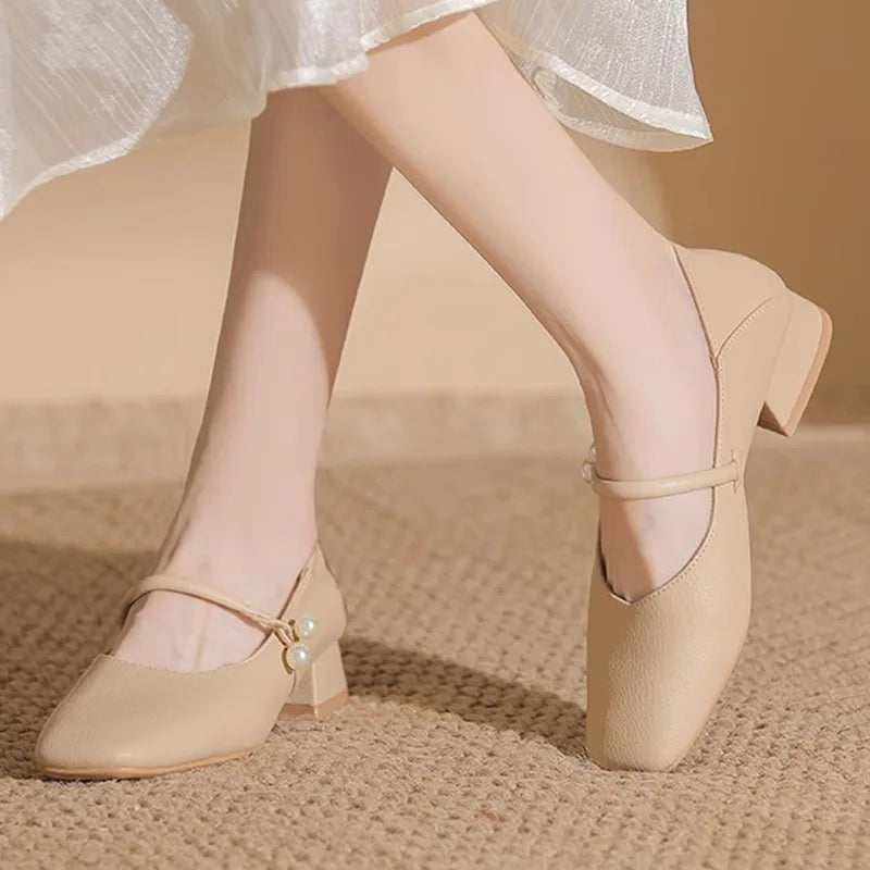 elegant pearl buckle low heel shoes woman two wears slip on moccasins chunky heel soft leather pumps big size 43