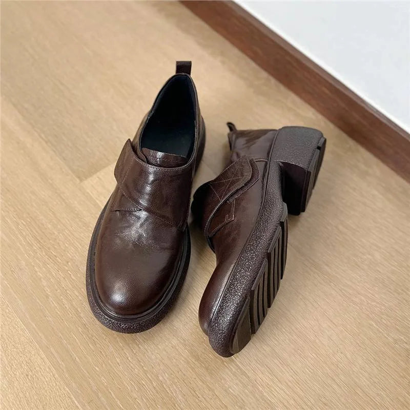 Round Toe Chunky Heels Loafers Casual Elegant Leather Slip On Mid Heels Shoes