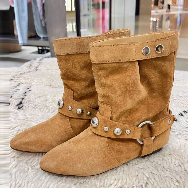 Brown Western Boots Metal Belt Rivet Buckle Casual Flat Shoes Ankle Booties Zapatos De Mujer