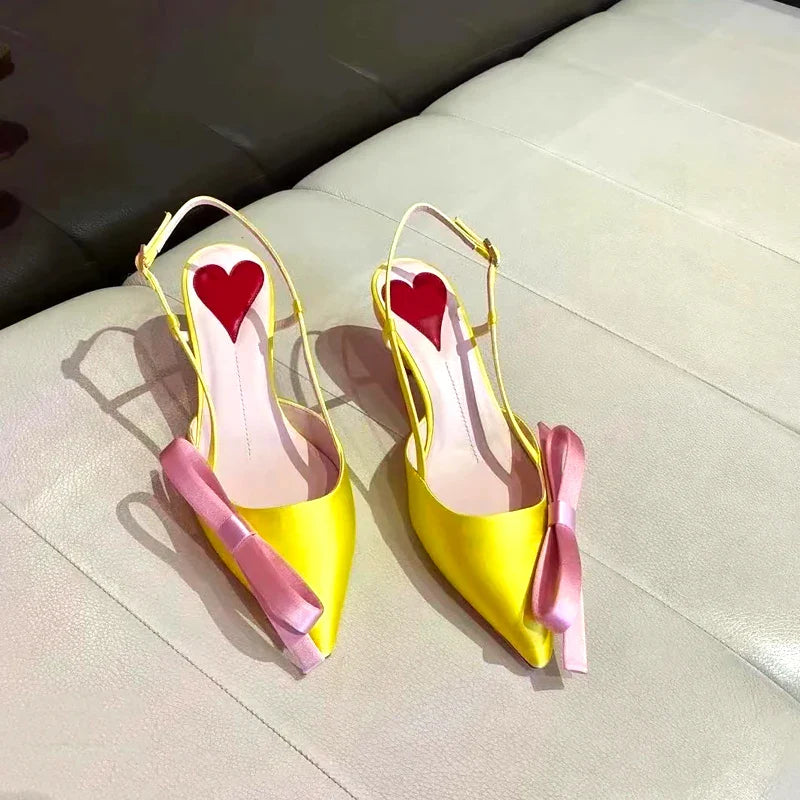 Yellow Pointed Toe Bowknot Satin Cat Heel Sandals Woman Heart Color Matching Buckle Strap Closed High Heel Shoes
