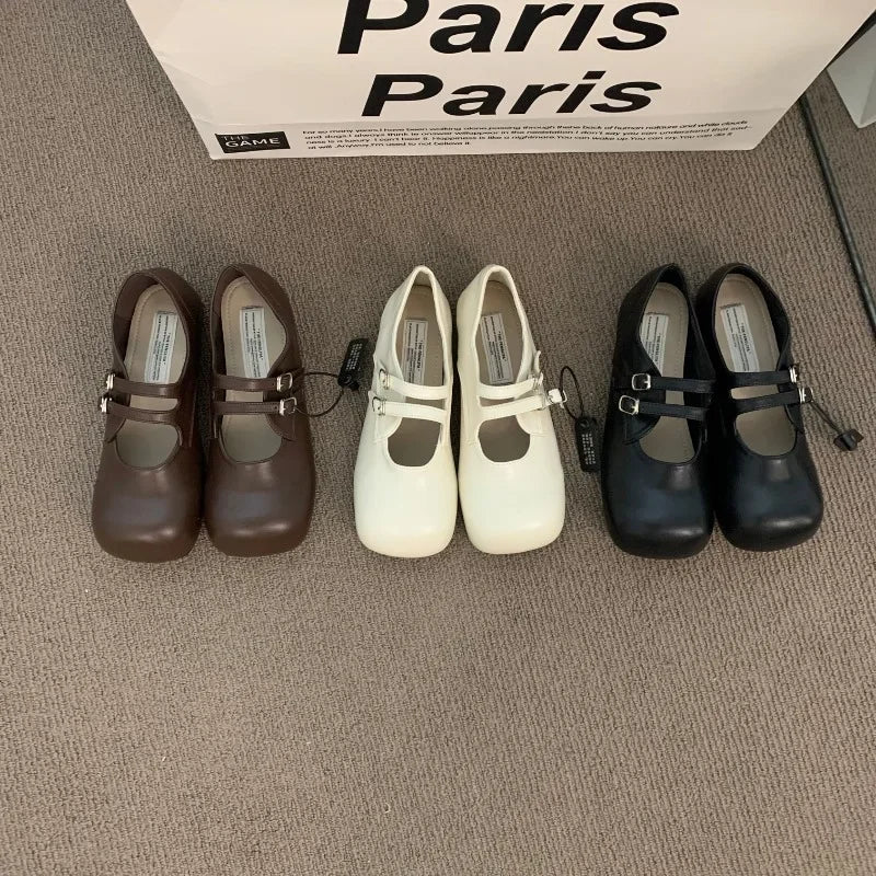 Vintage Slip On Loafers Casual Square Toe Ankle Strap Buckle Mary Jane Shoes Chunky Low Heel Pumps
