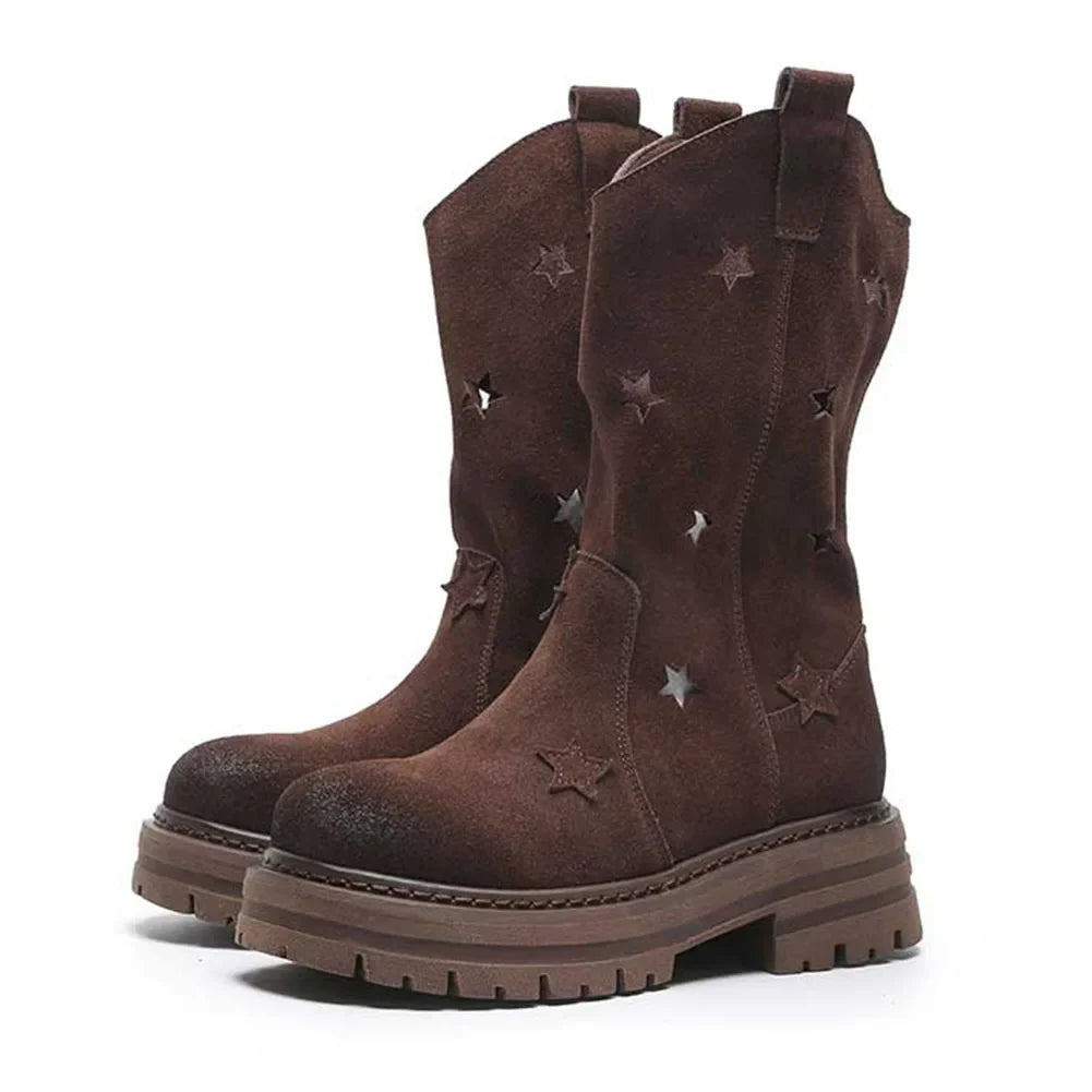 Western Cowgirl Boots Western Chunky Heel Round Toe Platform Star Hollow Retro Cowboy Mid Calf Boots